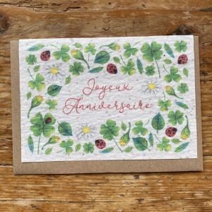 JOYEUX ANNIVERSAIRE TREFLE COCCINELLE CARTE A PLANTER