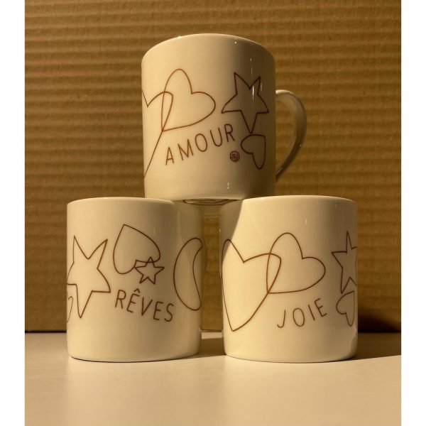 6 MINI-MUGS - COEURS ETOILES LUNES DORE