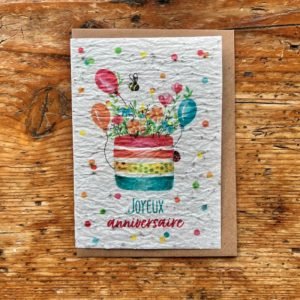 JOYEUX ANNIVERSAIRE BALLONS GATEAU CARTE A PLANTER